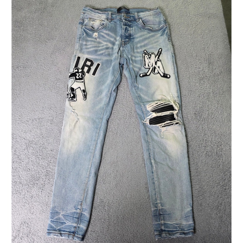 Amiri Mens 30 MX1 28x28.5 Patch Light Button Fly Distressed Leather Inset Jeans